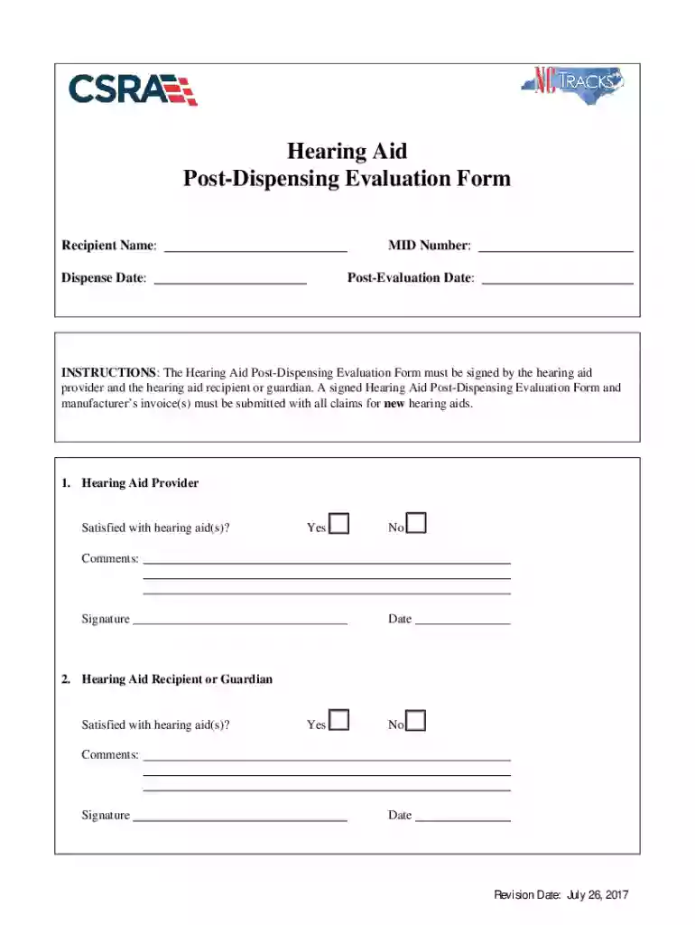 Hearing Aid Post-dispensing Evaluation Form Preview on Page 1
