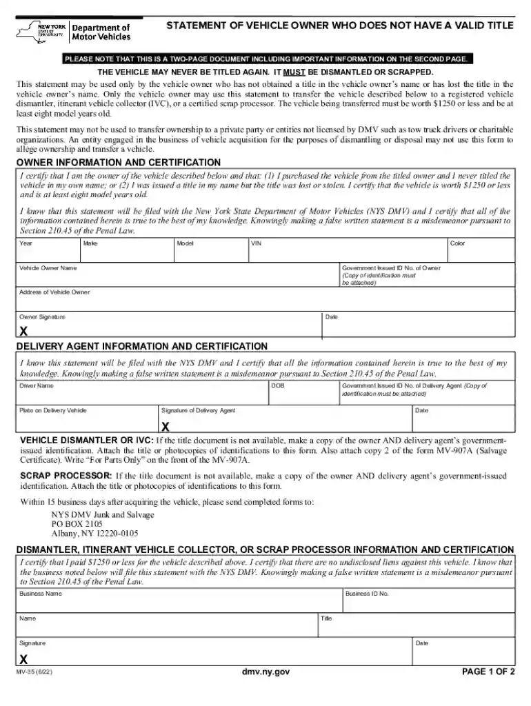 Statement of Vehicle Owner Who Does Not Have a Valid Title Preview on Page 1