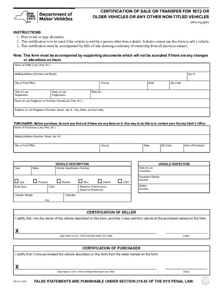Certification of Sale or Transfer for 1972 or Older Vehicles or Any Other Non-titled Vehicles Preview on Page 1
