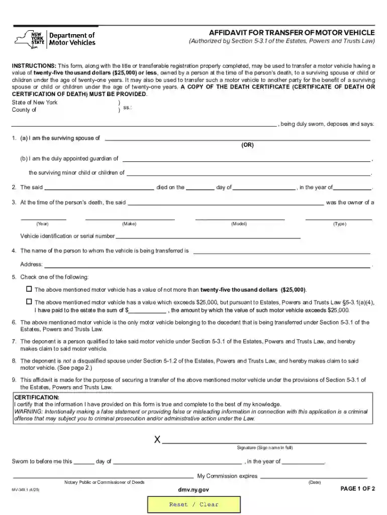 Affidavit for Transfer of Motor Vehicle Preview on Page 1