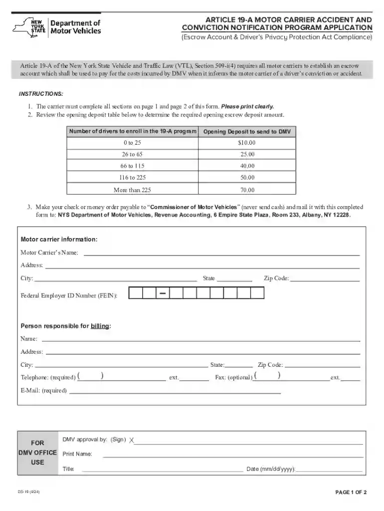 Article 19-a Motor Carrier Accident and Conviction Notification Program Application Preview on Page 1