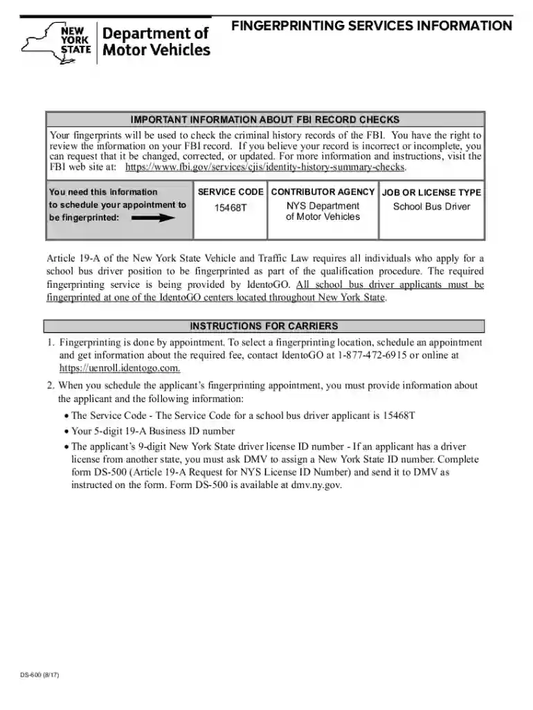 Fingerprinting Services Information Preview on Page 1