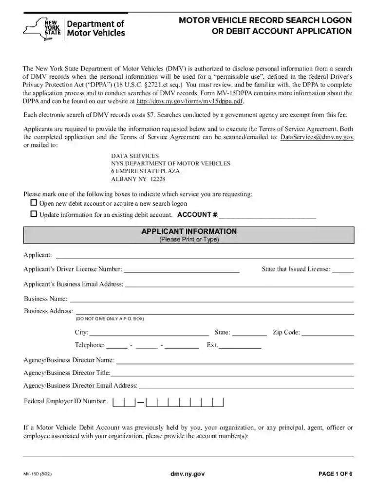 Motor Vehicle Record Search Logon or Debit Account Application Preview on Page 1