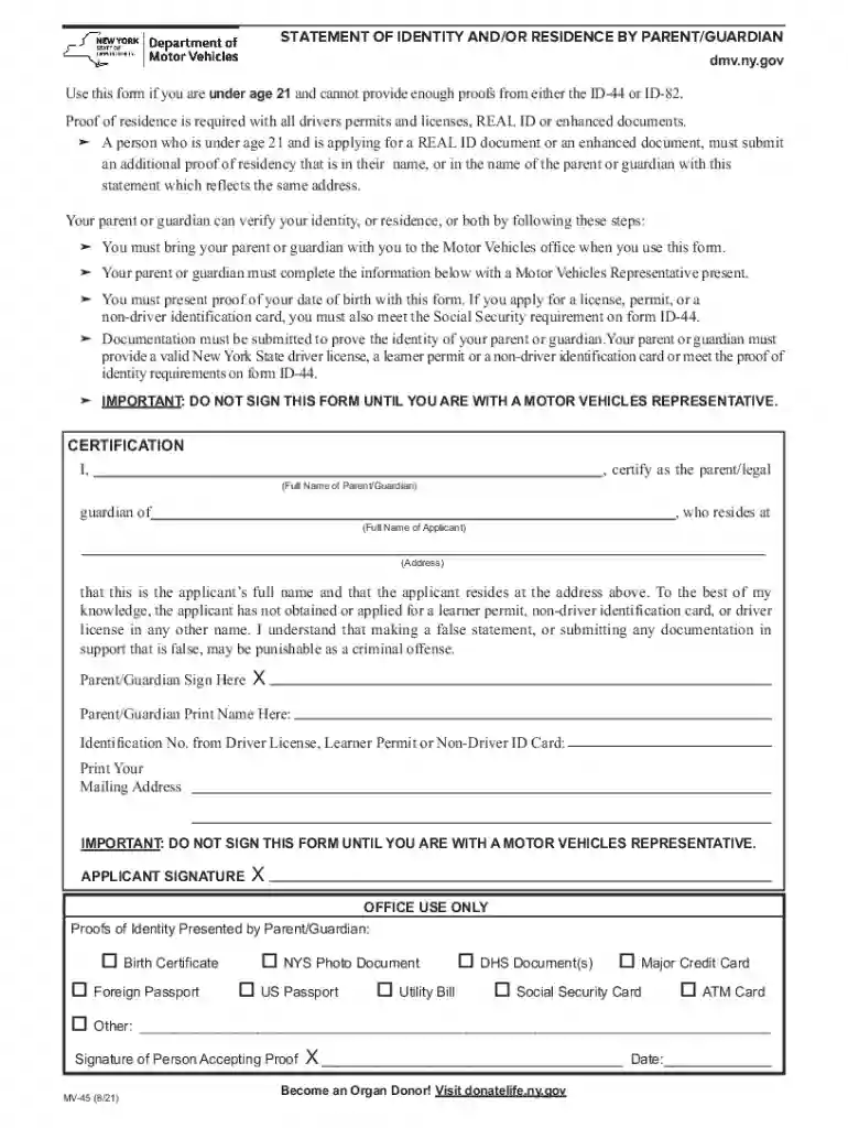 Statement of Identity and or Residence by Parent guardian Preview on Page 1
