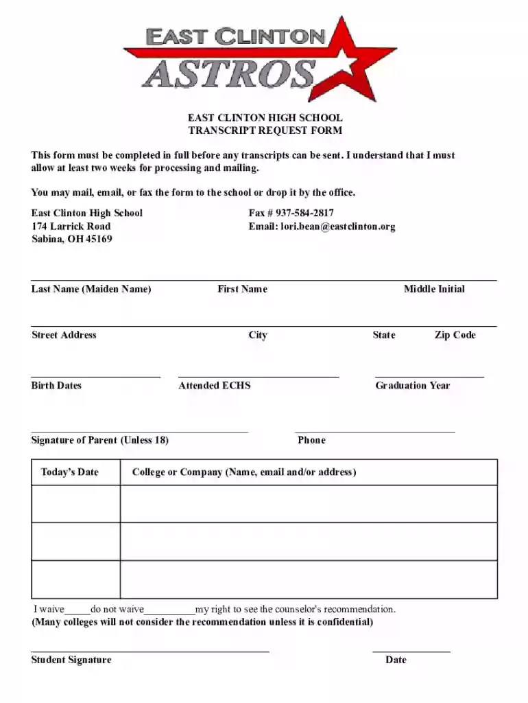 Transcript Request Form Preview on Page 1