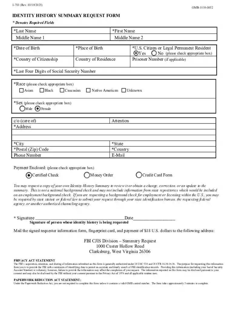 Identity History Summary Request Form Preview on Page 1