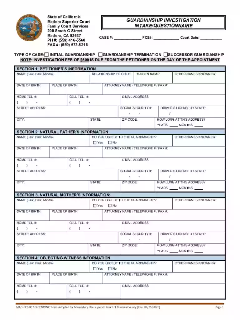 Guardianship Investigation Intake questionnaire Preview on Page 1