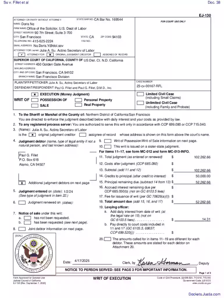 Writ of Execution Preview on Page 1