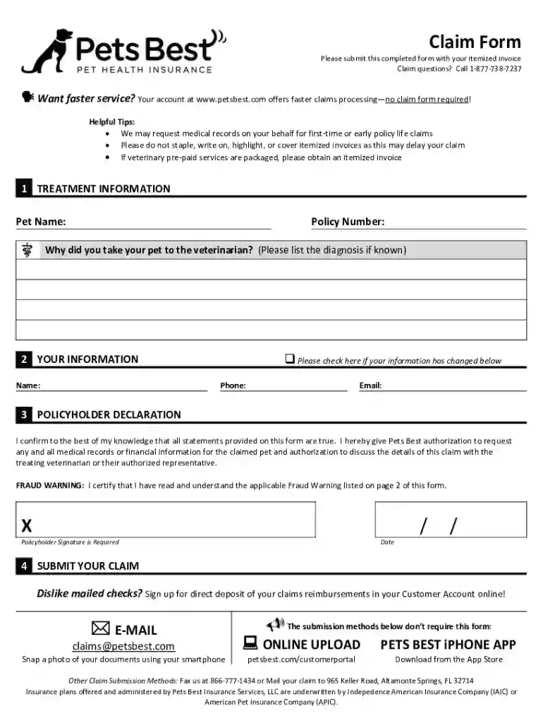 Pets Best Claim Form Preview on Page 1