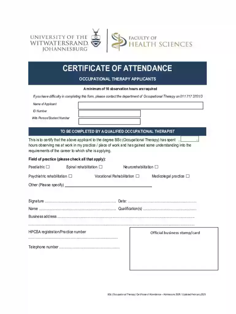 Certificate of Attendance Wits University Preview on Page 1