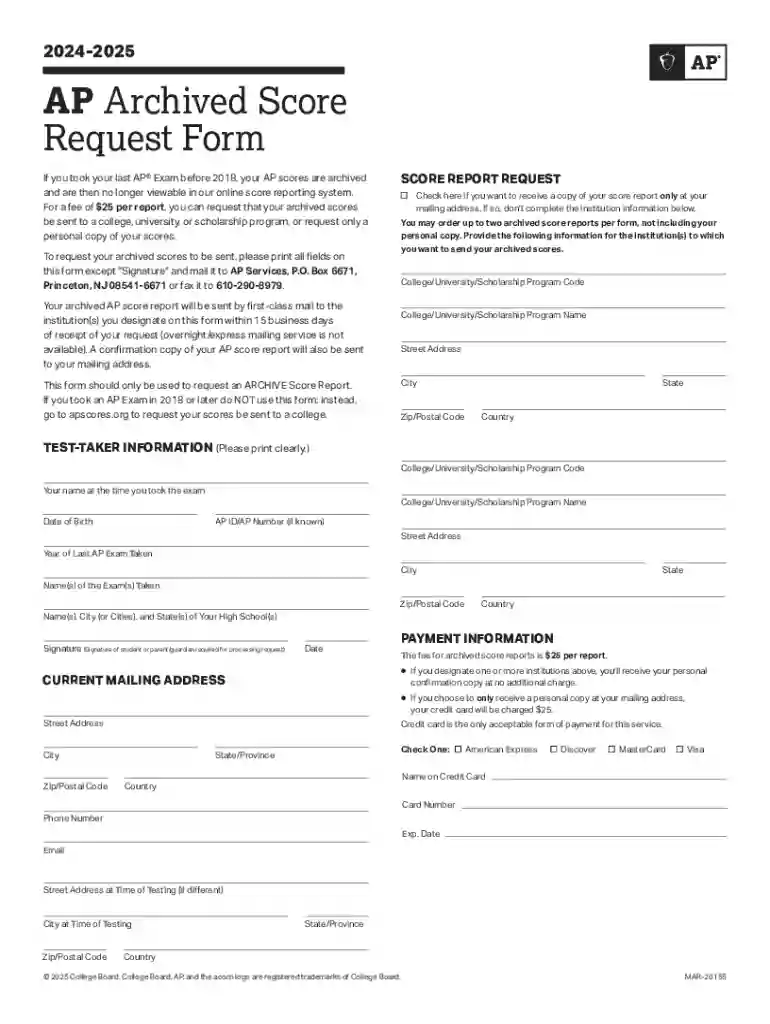 Ap Archived Score Request Form Preview on Page 1