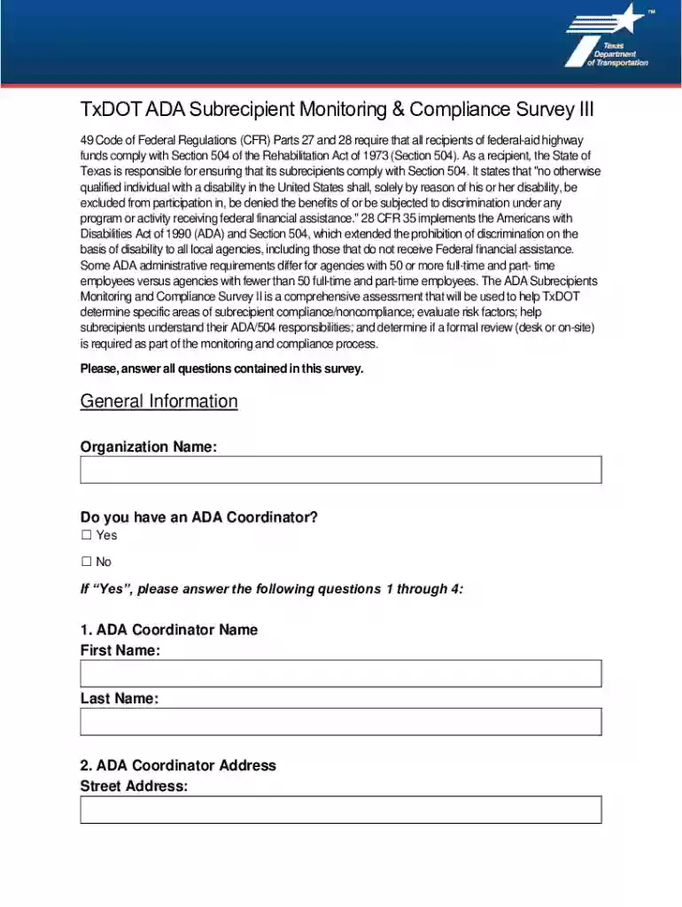 Txdot Ada Subrecipient Monitoring and Compliance Survey Iii Preview on Page 1