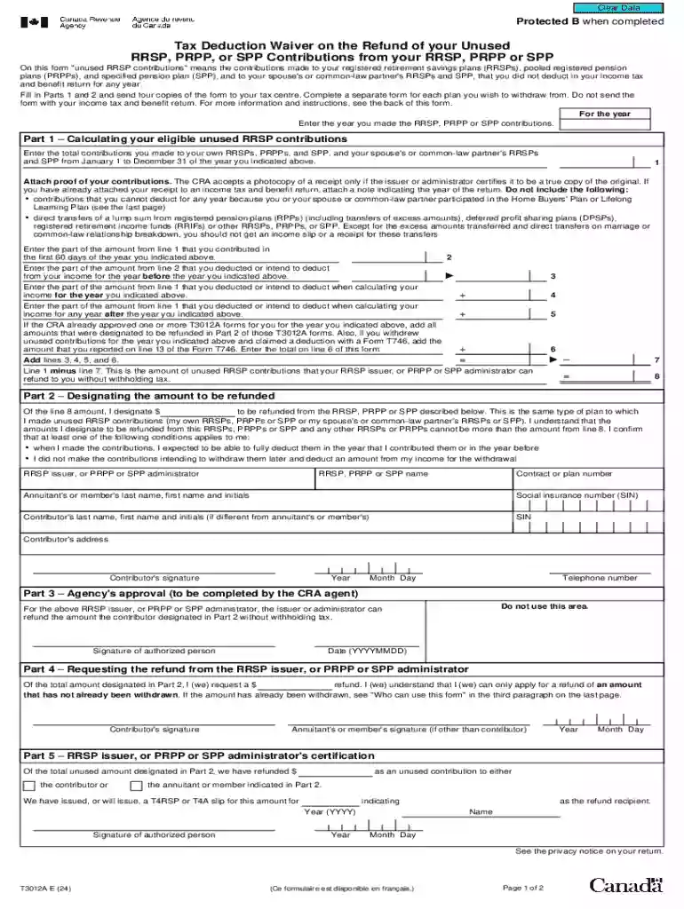 Tax Deduction Waiver on the Refund of Your Unused Rrsp, Prpp, or Spp Contributions Preview on Page 1