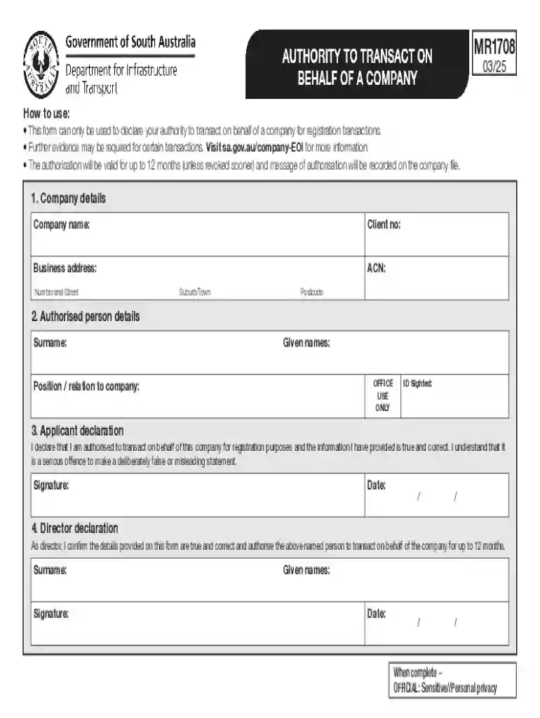 South Australia Company Registration Authority Form Preview on Page 1
