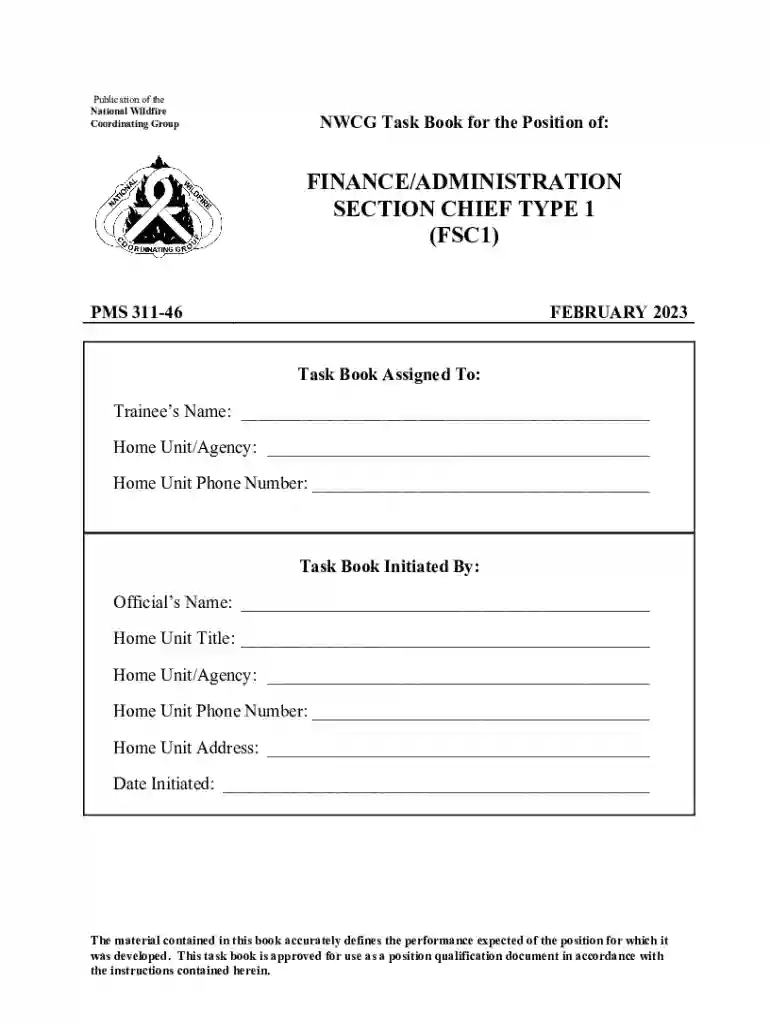 Nwcg Task Book for the Position of Finance administration Section Chief Type 1 (fsc1) Preview on Page 1