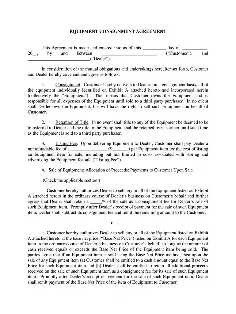 equipment consignment agreement Preview on Page 1