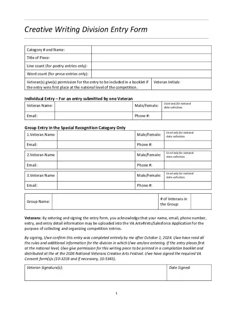 Creative Writing Division Entry Form Preview on Page 1