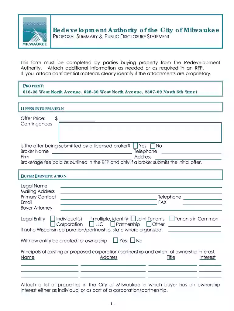 Proposal Summary and Public Disclosure Statement - Milwaukee - milwaukee Preview on Page 1