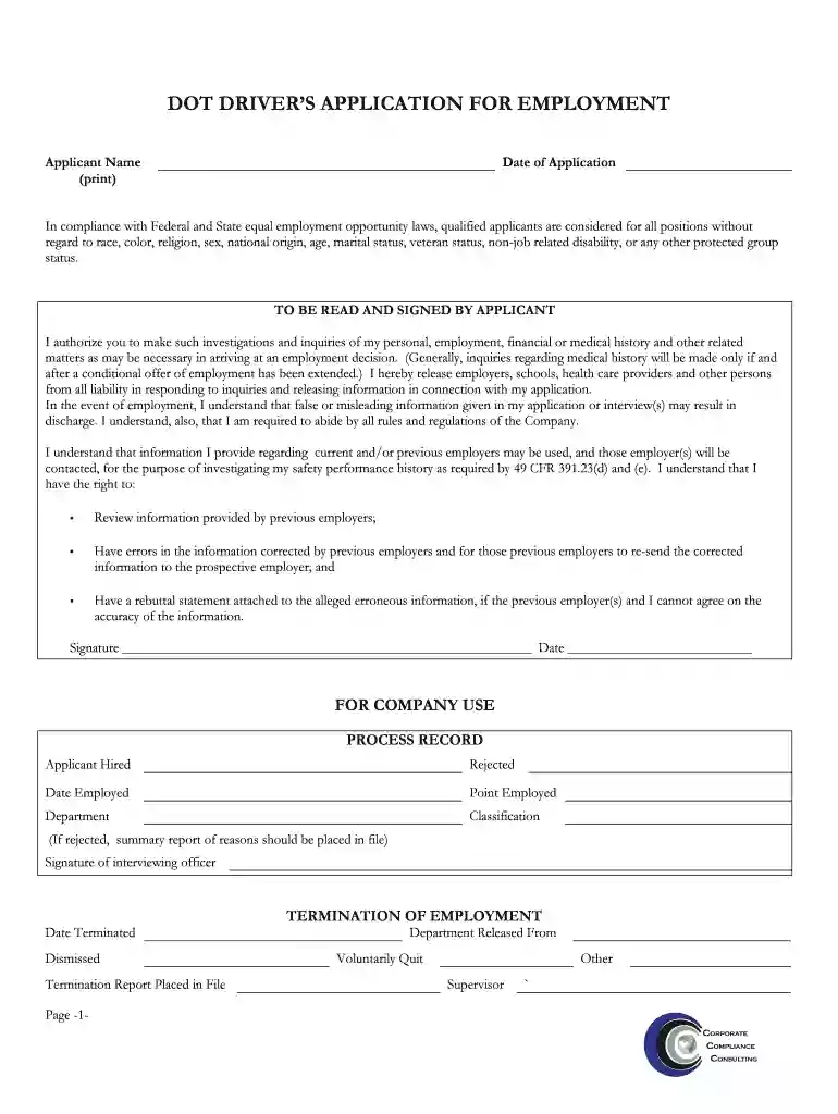 DOT DRIVER'S APPLICATION FOR EMPLOYMENT Preview on Page 1