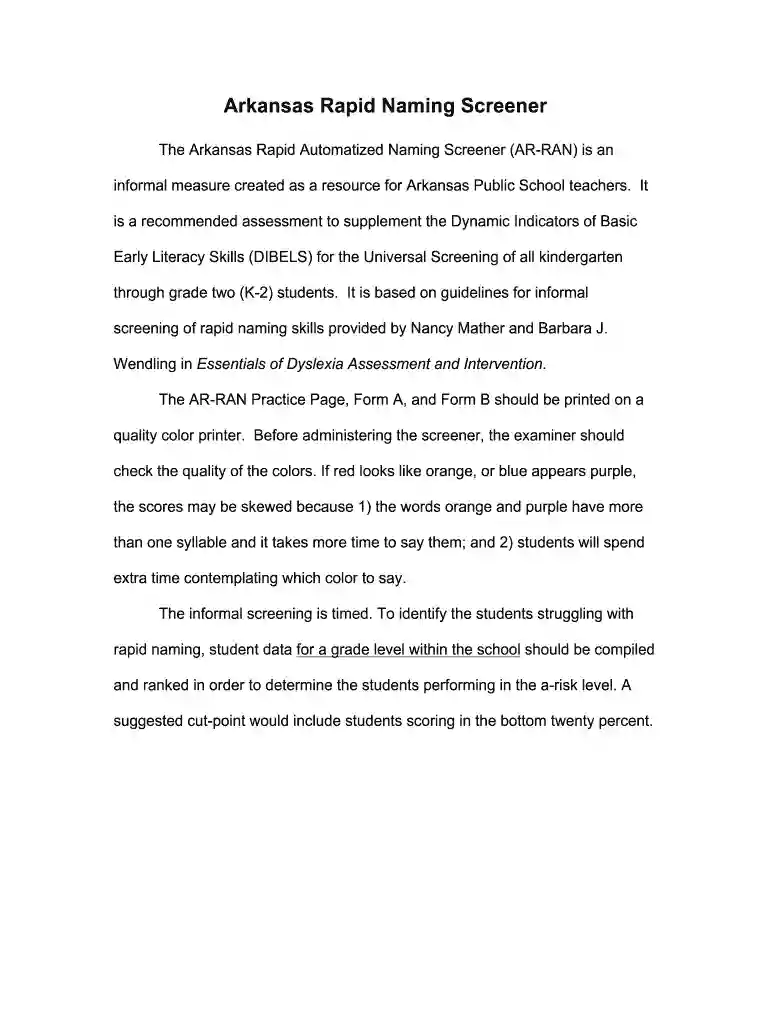 arkansas rapid naming screener Preview on Page 1