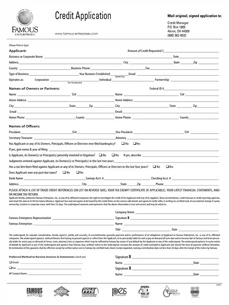 Credit Application - Famous Supply Preview on Page 1