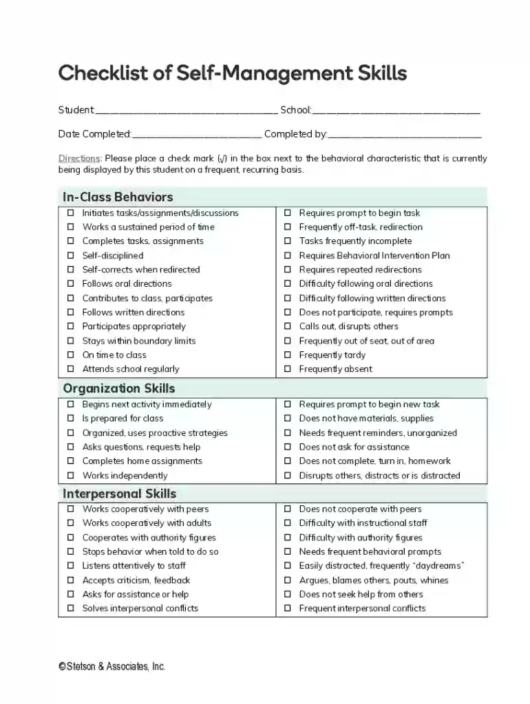 Checklist of Self-management Skills Preview on Page 1