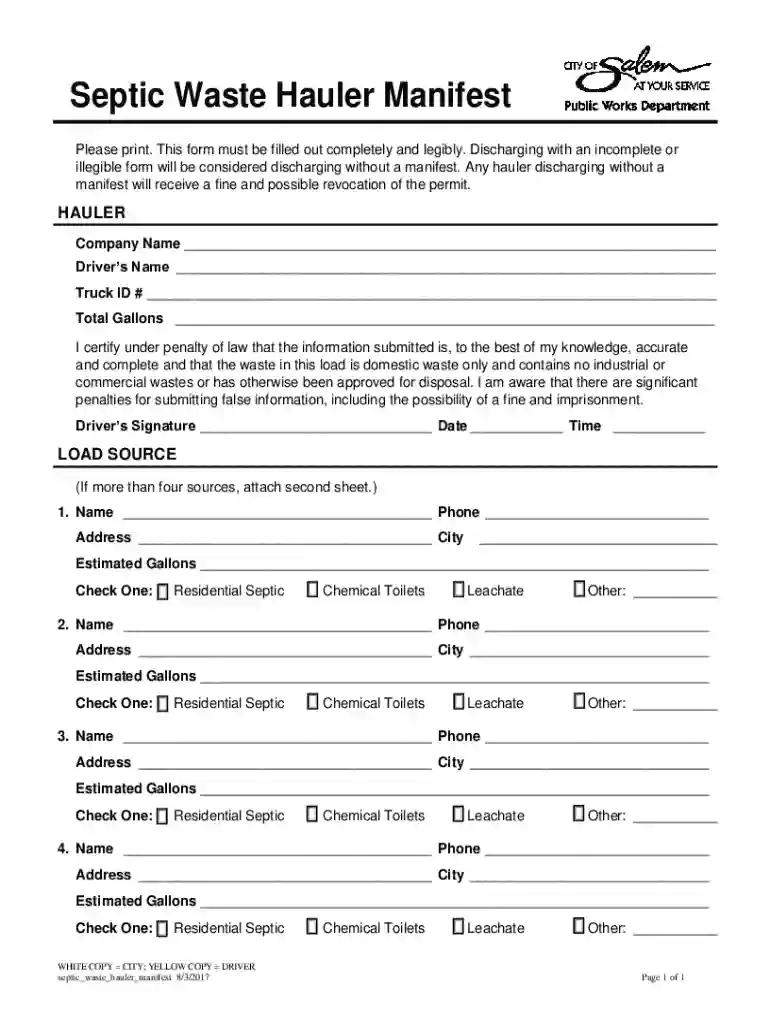 Septic Waste Hauler Manifest Preview on Page 1