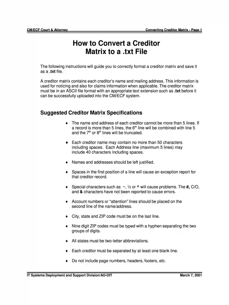 creditor mailing matrix template Preview on Page 1