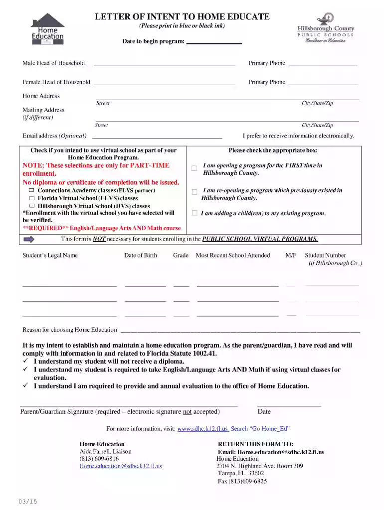 hillsborough county homeschool letter of intent Preview on Page 1