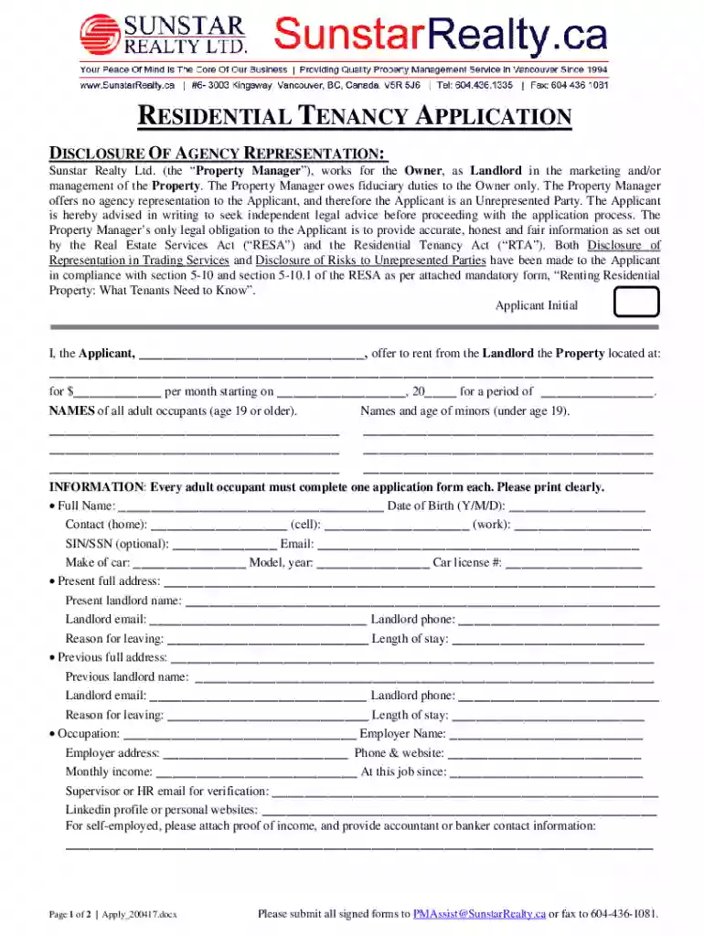 Residential Tenancy Application Preview on Page 1