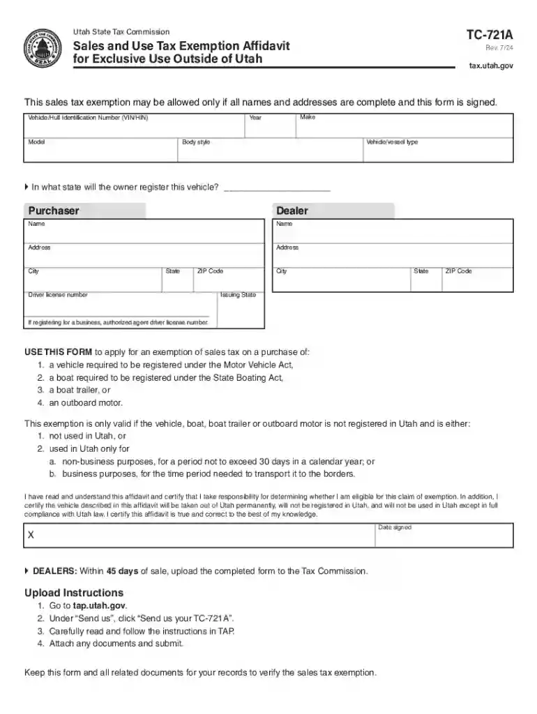 TC-721A, Utah Sales Tax Exemption Affidavit for Exclusive Use Outside Utah Forms and Publications Preview on Page 1