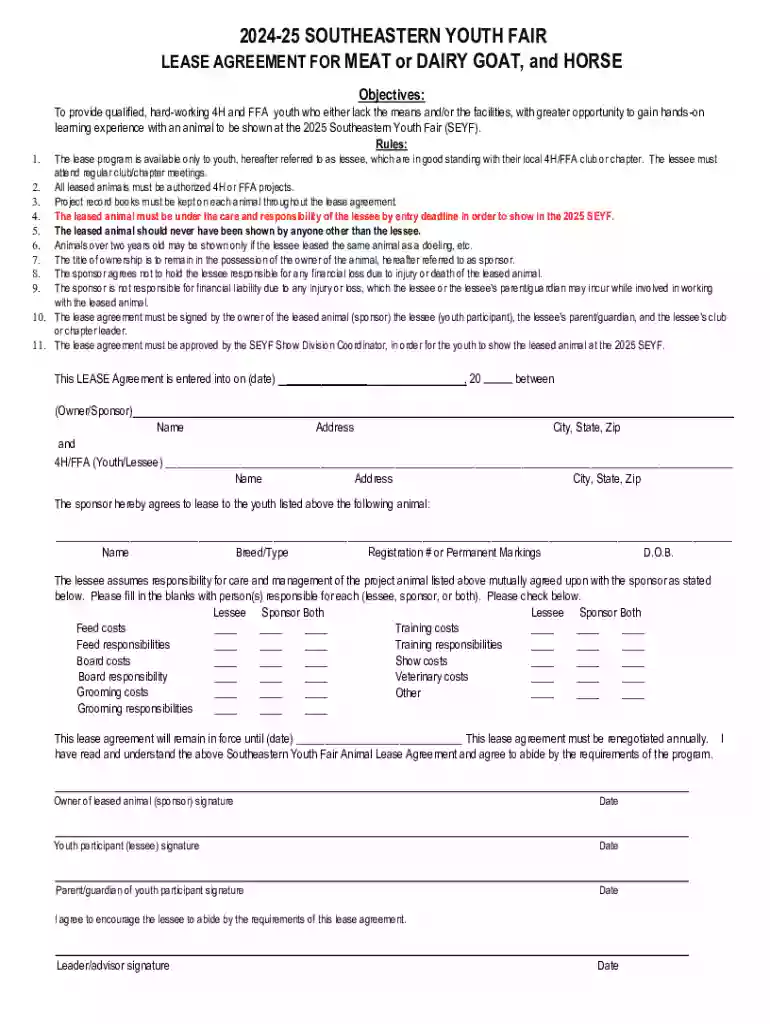 2024-25 Southeastern Youth Fair Lease Agreement Preview on Page 1