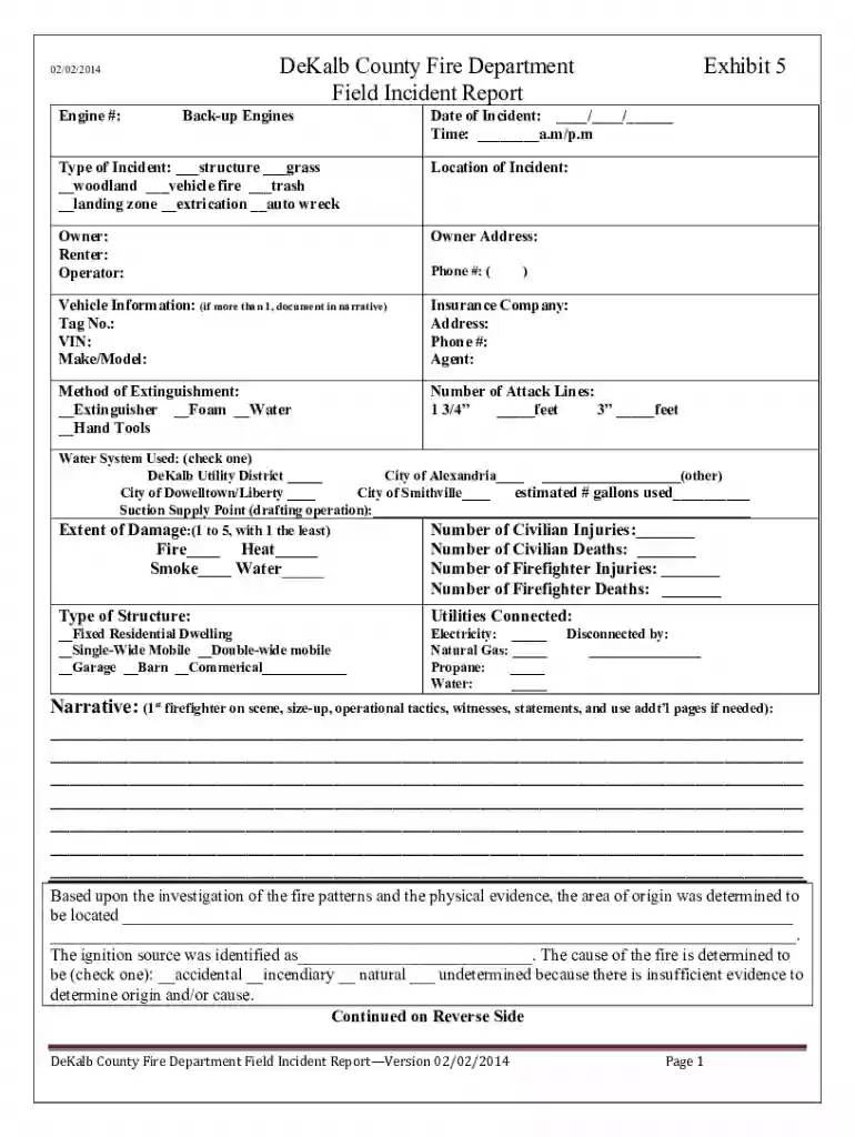Dekalb County Fire Department Field Incident Report Preview on Page 1
