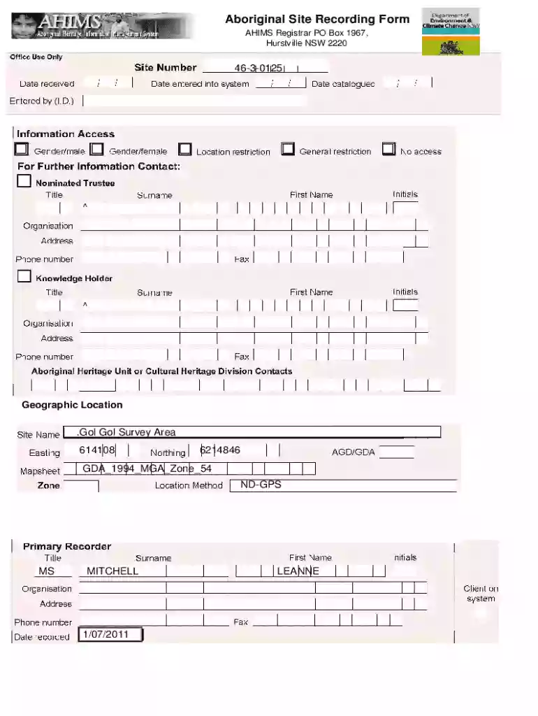Aboriginal Site Recording Form Preview on Page 1