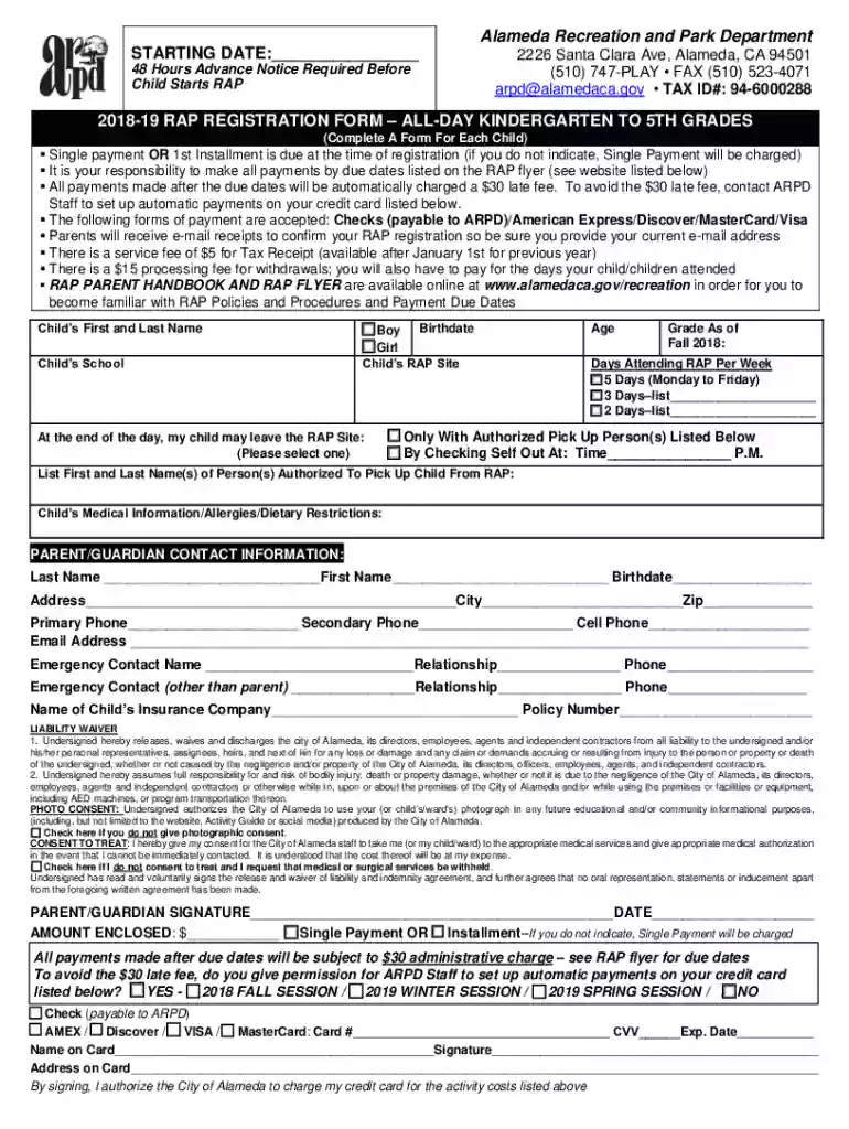 Alameda RAP Registration Form Preview on Page 1