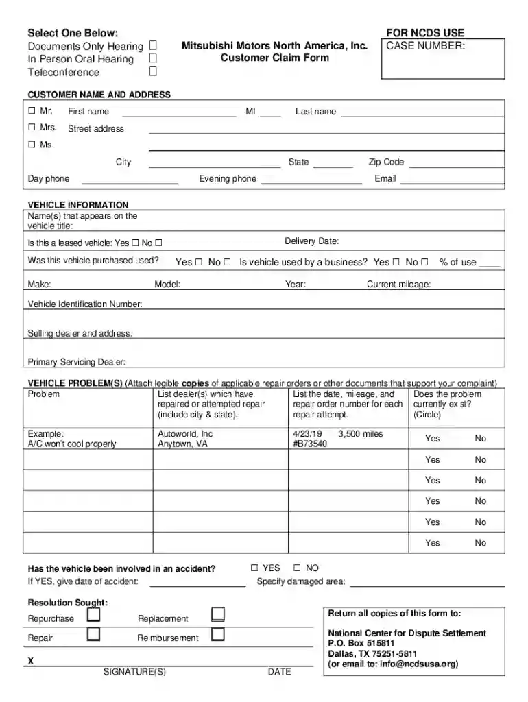 Customer Claim Form Preview on Page 1