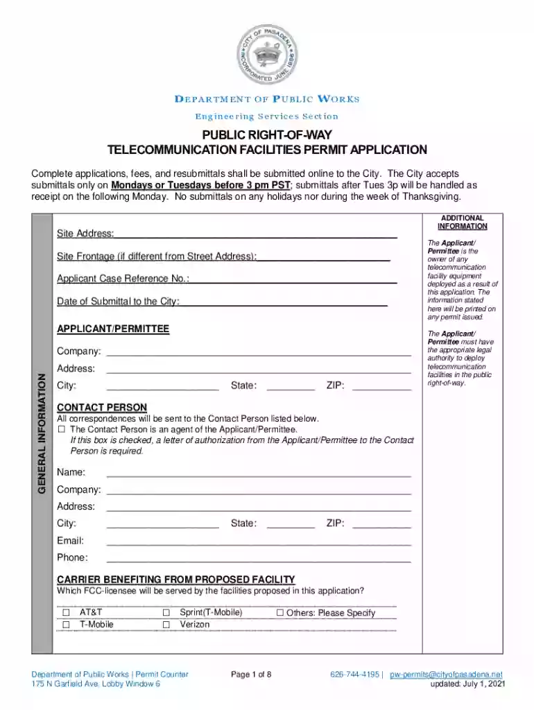 Pasadena -Telecommunications Facilities (PROW) Permit Application FY20 Preview on Page 1