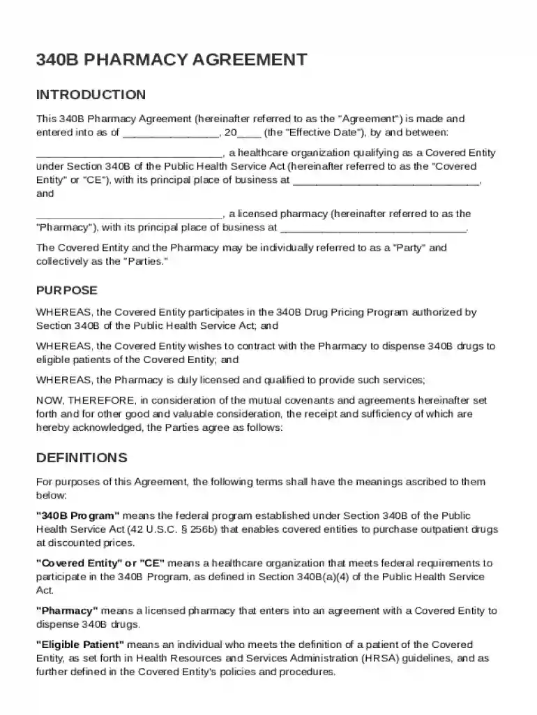 340B Pharmacy Agreement Template Preview on Page 1