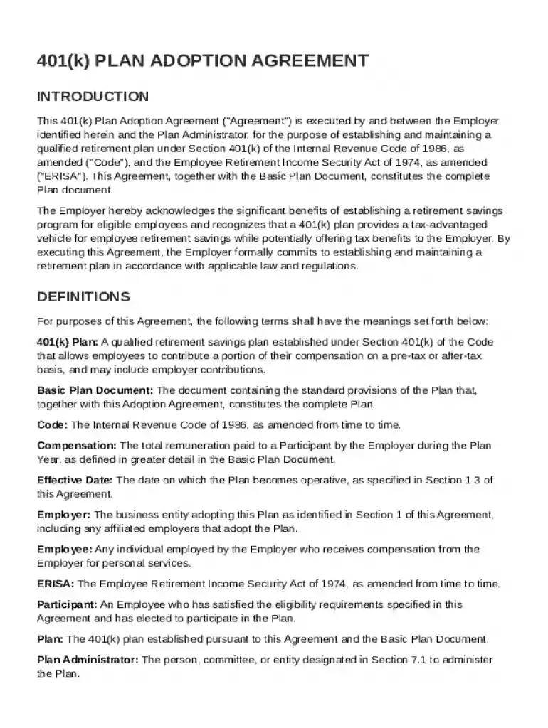401K Adoption Agreement Template Preview on Page 1