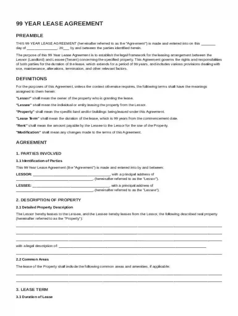 99 Year Lease Agreement Template Preview on Page 1
