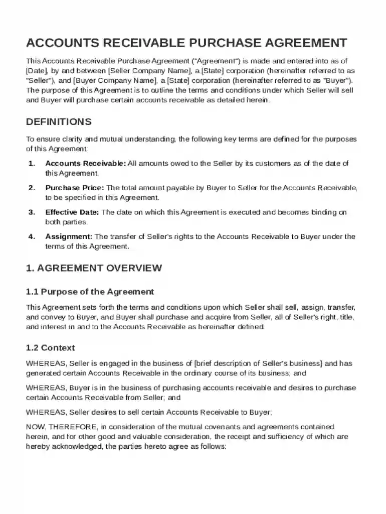 Accounts Receivable Purchase Agreement Template Preview on Page 1
