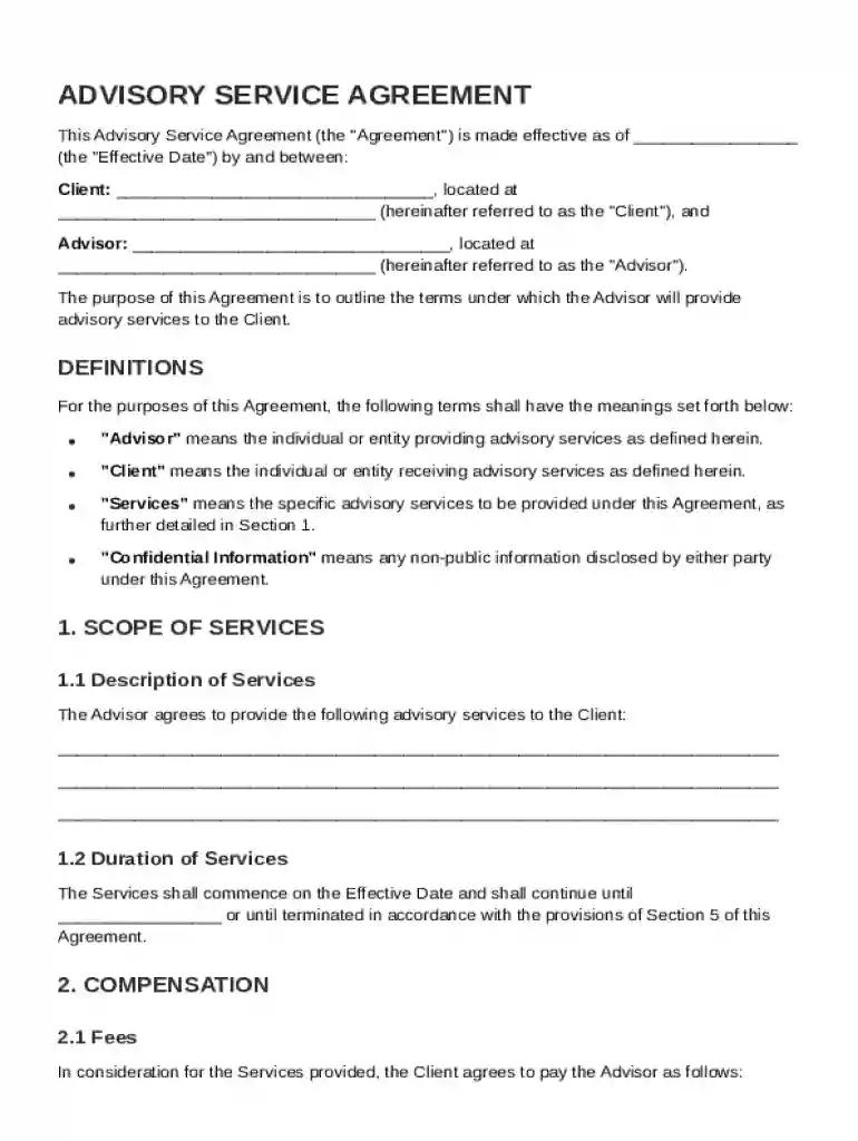 Advisory Service Agreement Template Preview on Page 1