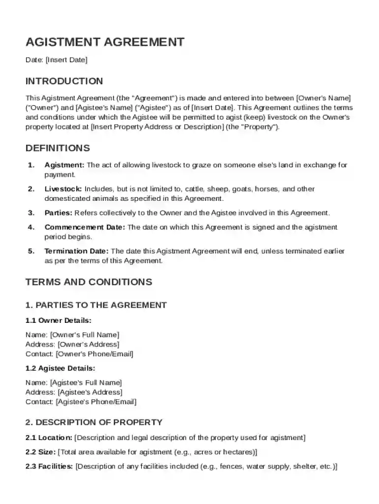 Agistment Agreement Template Preview on Page 1