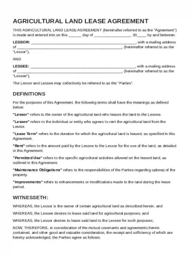 Agricultural Land Lease Agreement Template Preview on Page 1