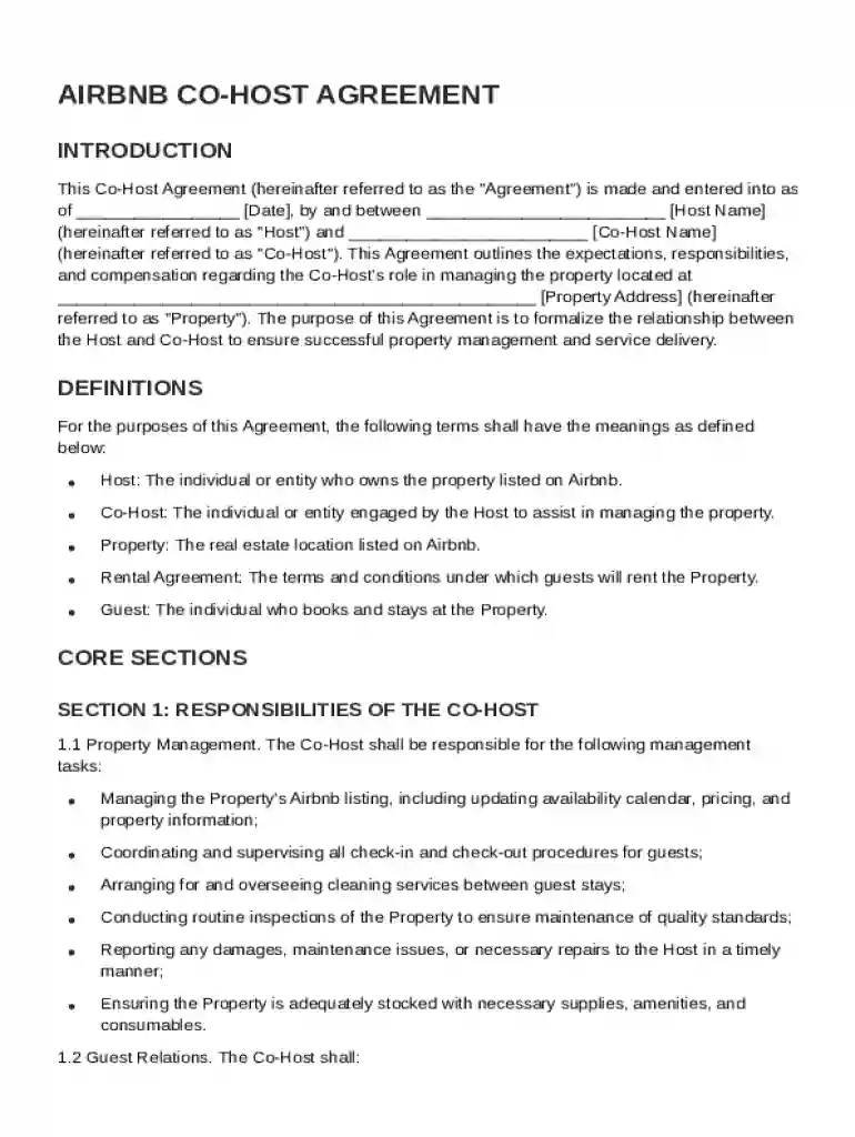 Airbnb Co Host Agreement Template Preview on Page 1