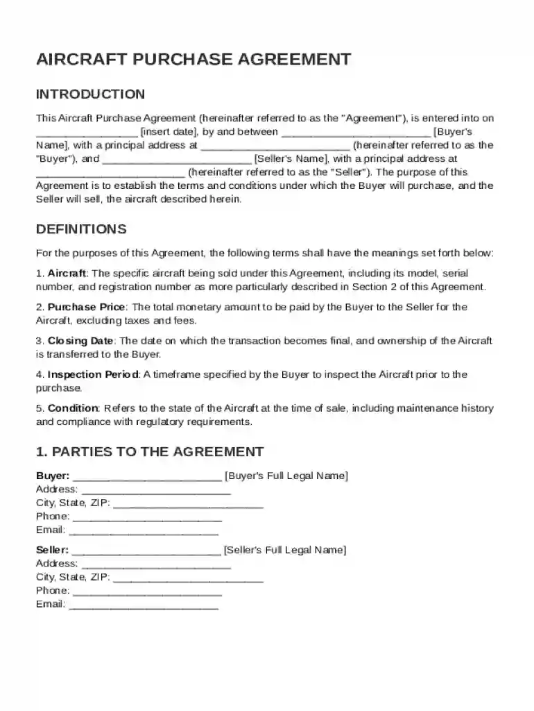 Aircraft Purchase Agreement Template Preview on Page 1