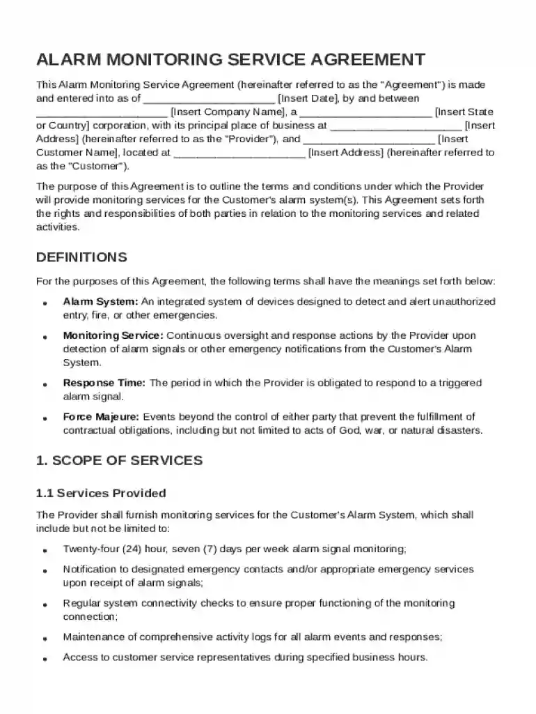 Alarm Monitoring Service Agreement Template Preview on Page 1