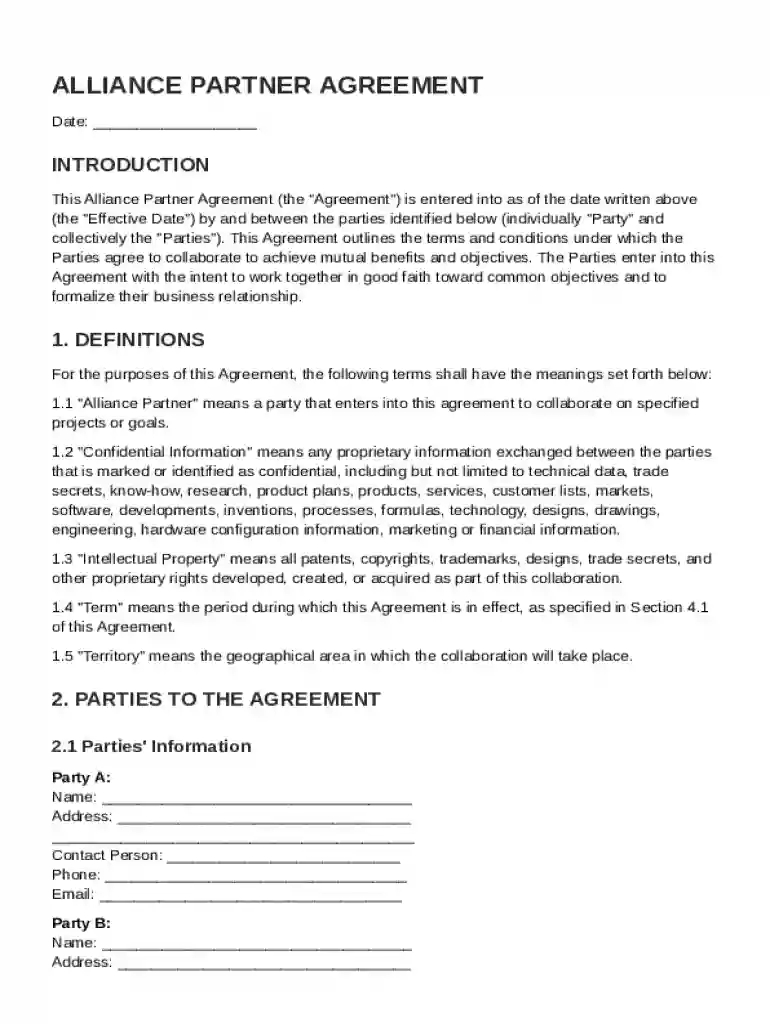 Alliance Partner Agreement Template Preview on Page 1
