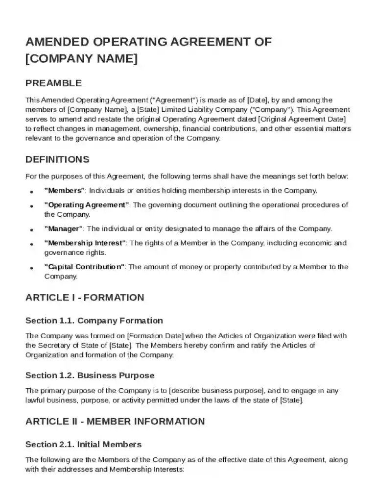 Amended Operating Agreement Template Preview on Page 1