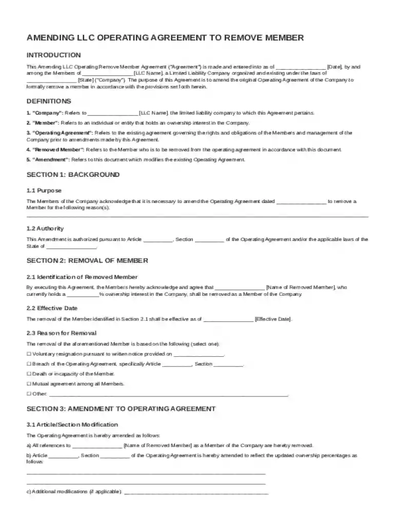 Amending LLC Operating Remove Member Agreement Template Preview on Page 1